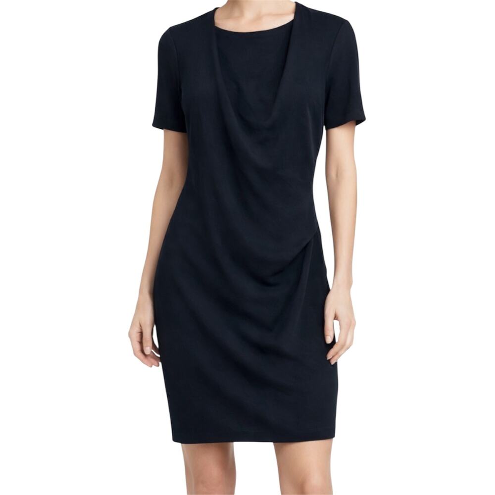 Halston Heritage Dress Sheath Draped Straight Zip Stretch Navy Blue Medium